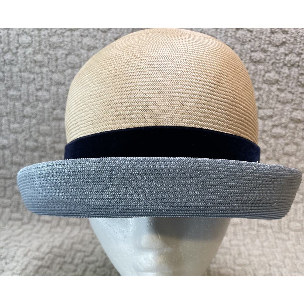 VTG 60s 70s Adolfo Straw Hat Blue Tan Navy Blue Velvet Band OS